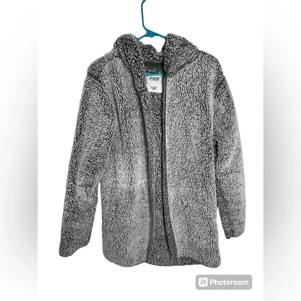 Victoria Secret Pink SHERPA CLAY GRAY CARDIGAN Jacket HOODIE XS/S Sweat Shirt